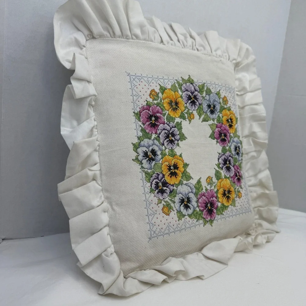 VTG Handmade Pansy Wreath Cross Stitch Ruffle Throw Pillow Floral Cottagecore
